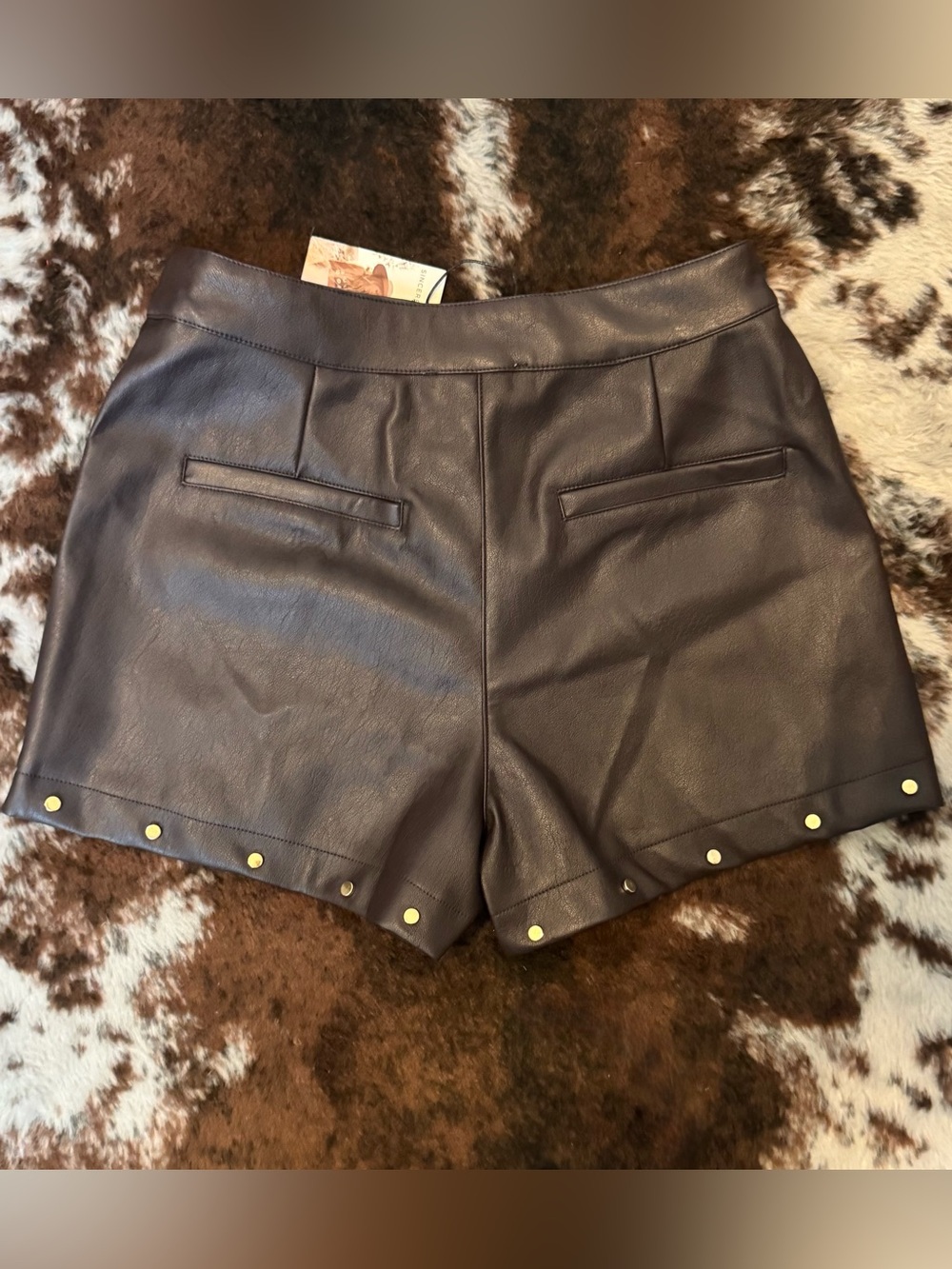 Sincerely Jules Chocolate Faux Leather High-Waist Shorts with Gold Studs - Small - Picture 2 of 5